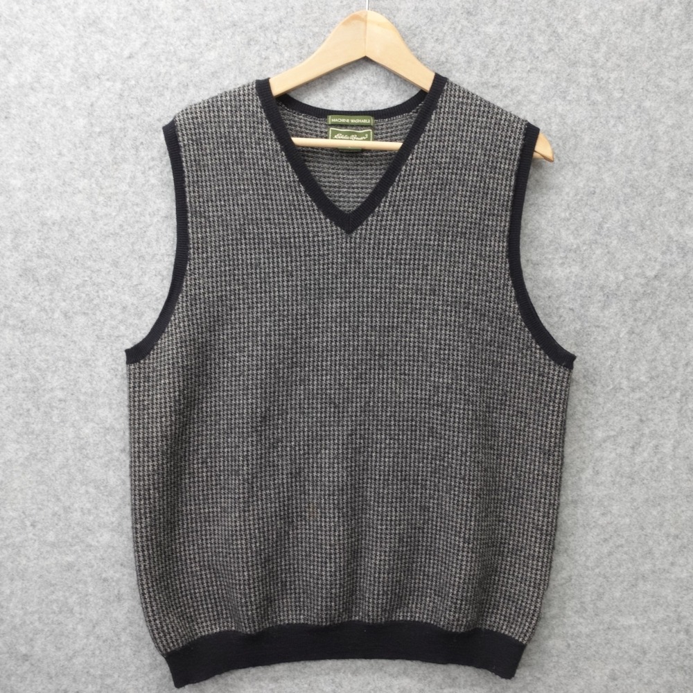 Vintage Eddie Bauer Merino Wool Sweater Vest Mens M Gray Houndstooth Washable